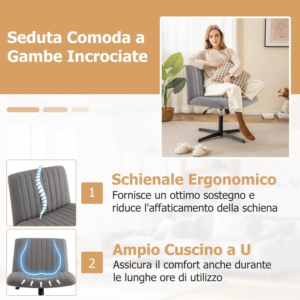 Sedia Ufficio Senza Ruote, Sedia da Scrivania con Sedile Imbottito, con Funzione a Dondolo 100°-120°, Girevole 360°, Altezza Regolabile, Sedia Ergonomica Portata 150 kg (Grigio)