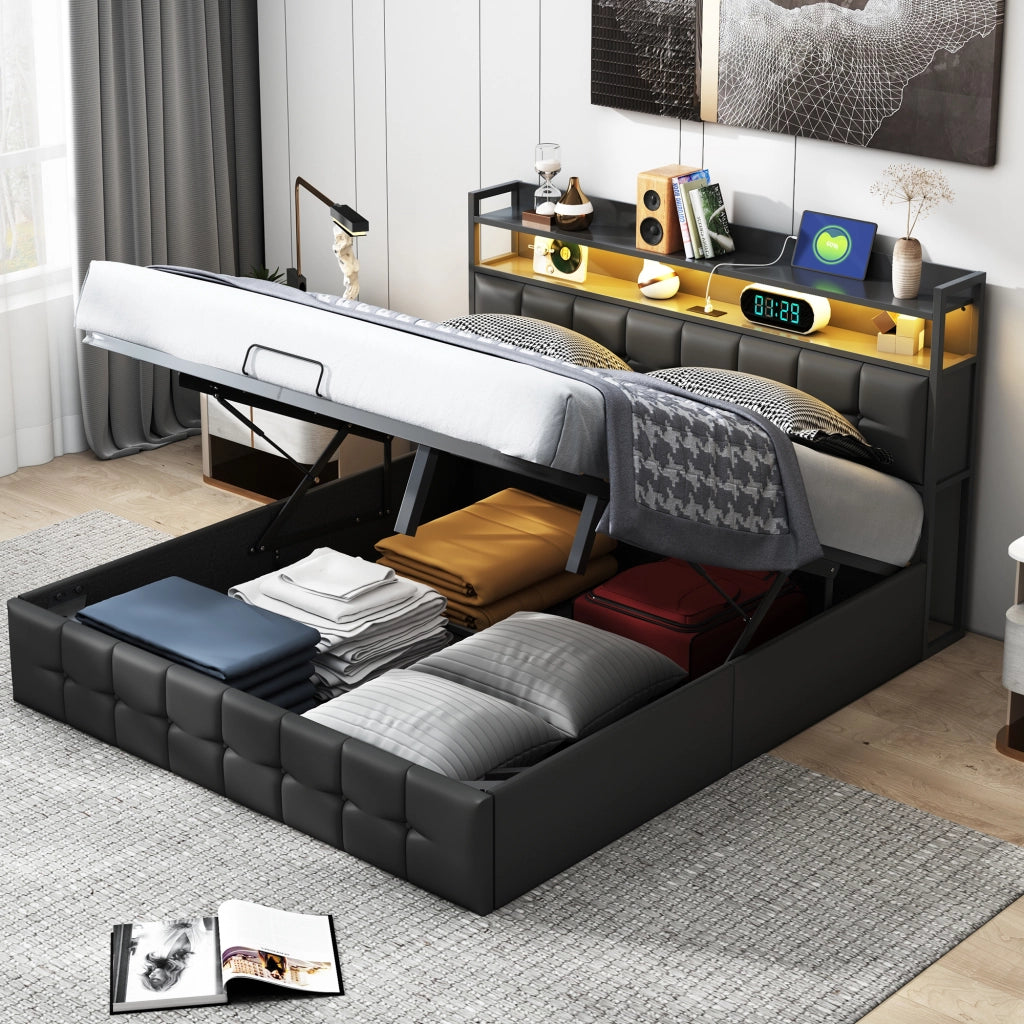 Letto 160x200 cm con ripiani e luci LED in pelle PU nera