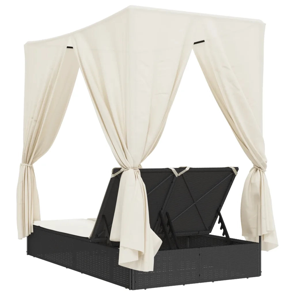 Lettino Prendisole con Tetto e Tende Nero in Polyrattan 368072