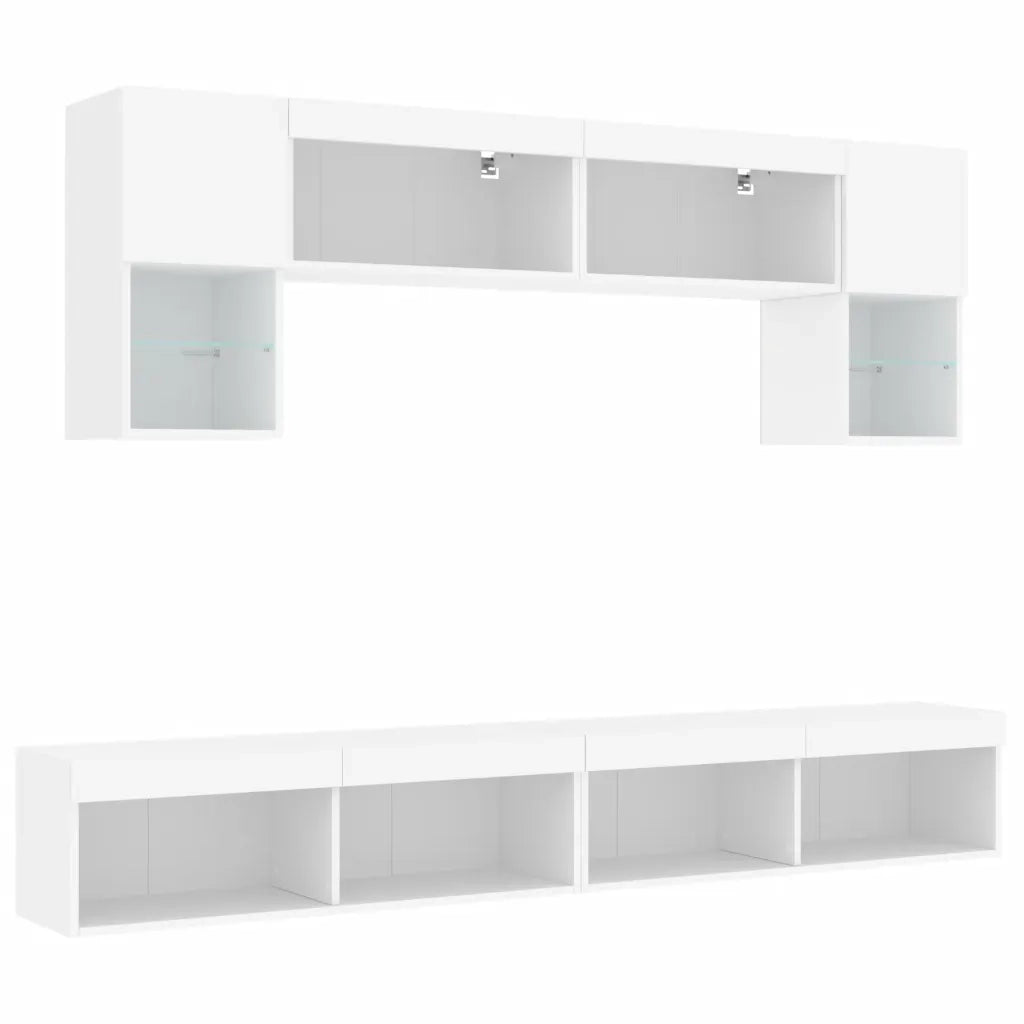Mobili TV a Muro con LED 6pz Bianchi in Legno Multistrato