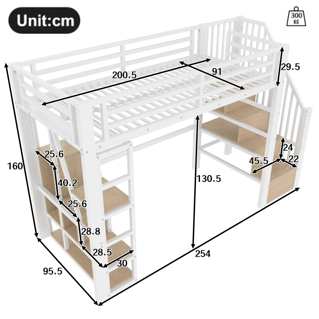 Letto a soppalco bianco 90x200 cm in acciaio e MDF con luci LED, ripiani, gradini contenitore e sponde