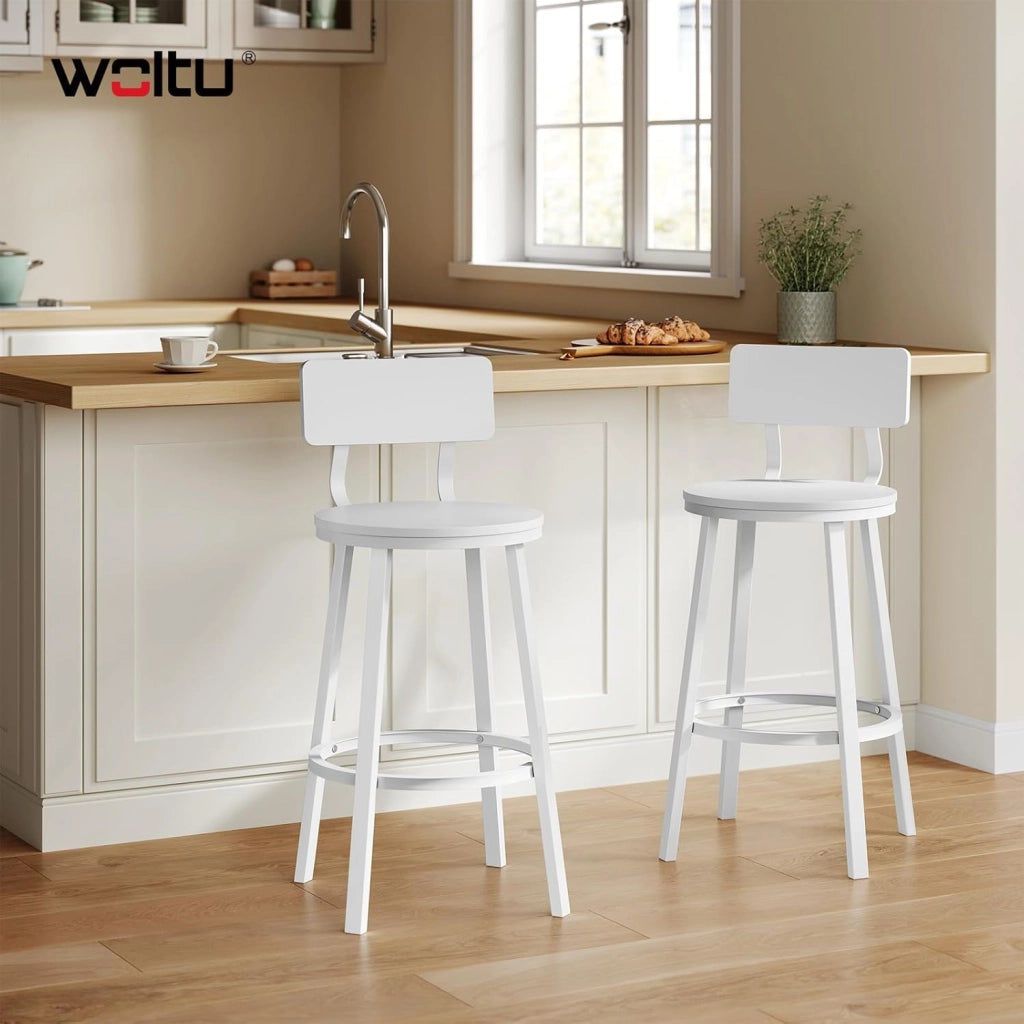 Sgabelli Cucina Set di 2, Sgabelli da Bar per Colazione, con Poggiapiedi e Schienale, Struttura in Metallo, Bianco