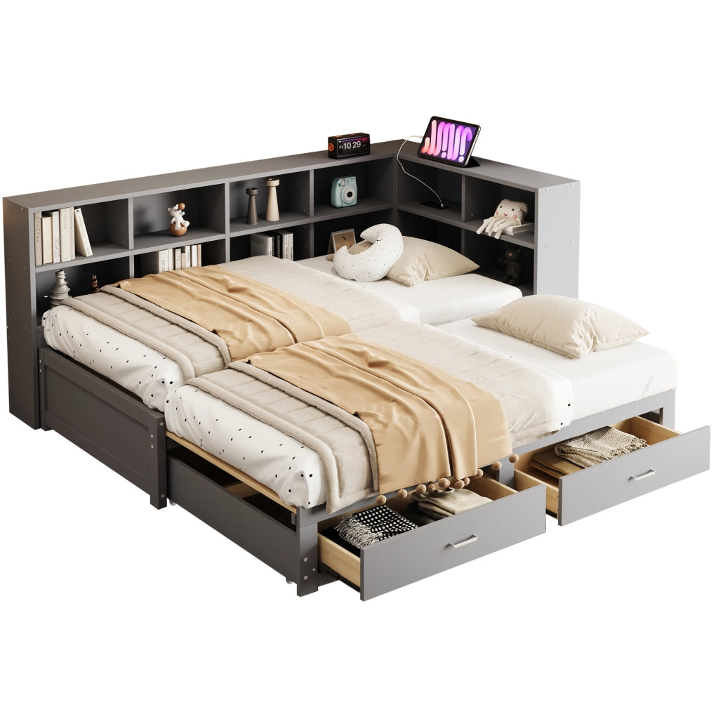 Letto singolo estraibile in legno con contenitori, cassetti e presa multifunzione