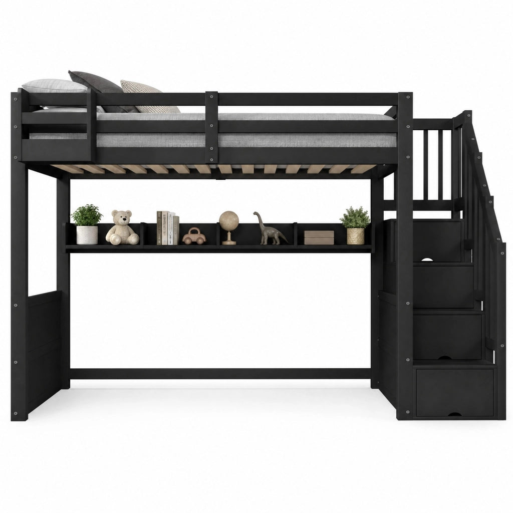 Letto a Soppalco 90 x 200 cm; Letto Singolo - LED; scala con contenitore - Nero