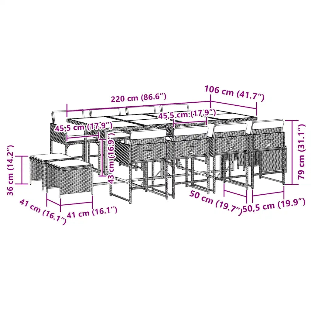 Set da Pranzo da Giardino 13pz con Cuscini Nero in Polyrattan 3211347