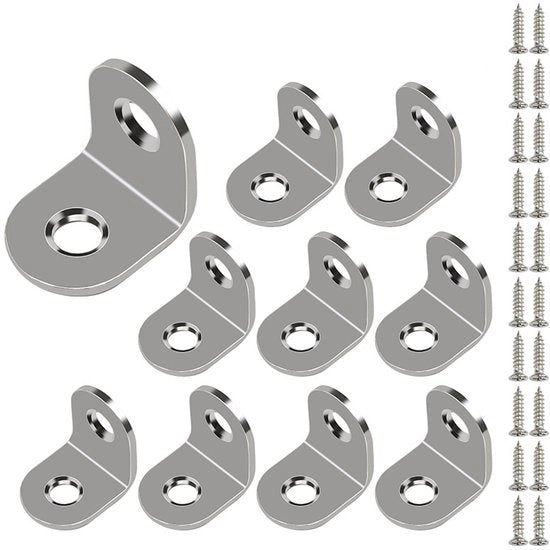 Set da 10 pezzi di cerniera a L, 20 mm x 20 mm in acciaio inox con viti per fissaggio di mobili in legno.