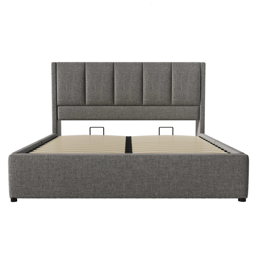 Letti contenitori 140x200 cm con porta bicchieri e stazione di ricarica; lino; grigio (Senza materasso)