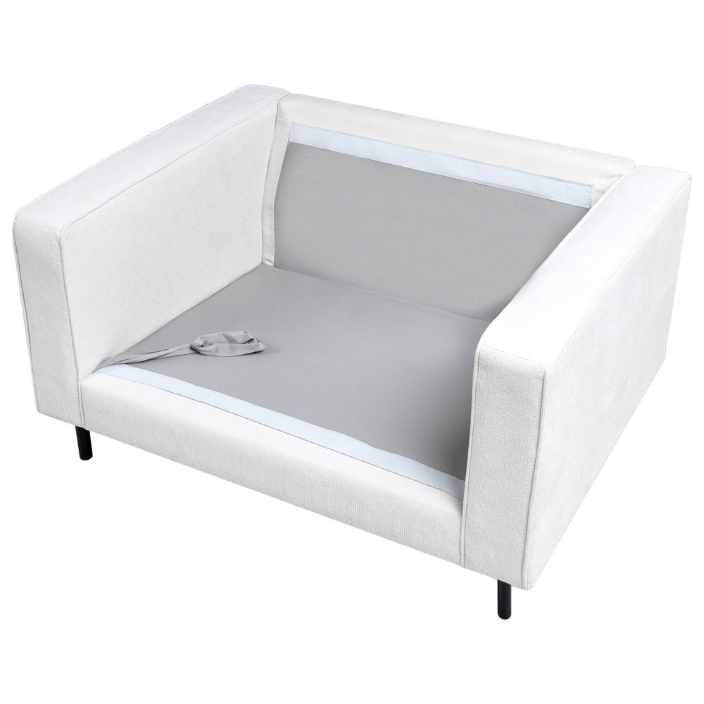 Poltrona in tessuto bianco sporco Sedia da salotto minimalista con gambe nere Braccio a binario