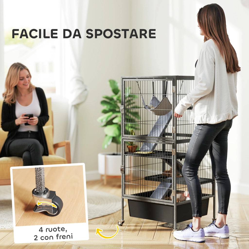 Gabbia per Piccoli Animali a 4 Livelli 52x52x115 cm con Rampe Amaca e Ruote Grigio