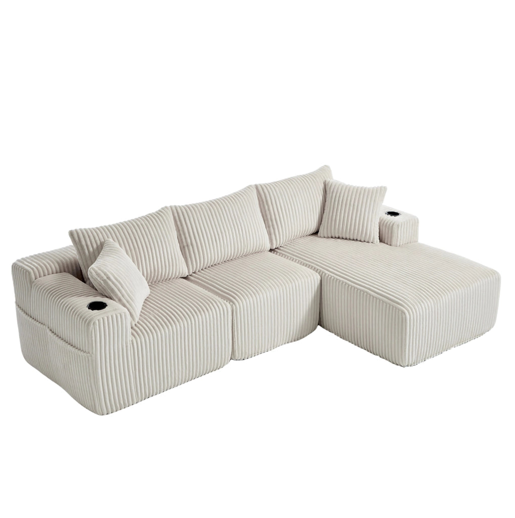 Divano modulare 257x160x62 cm con 5 cuscini; tasche laterali e portabicchieri in corduroy beige