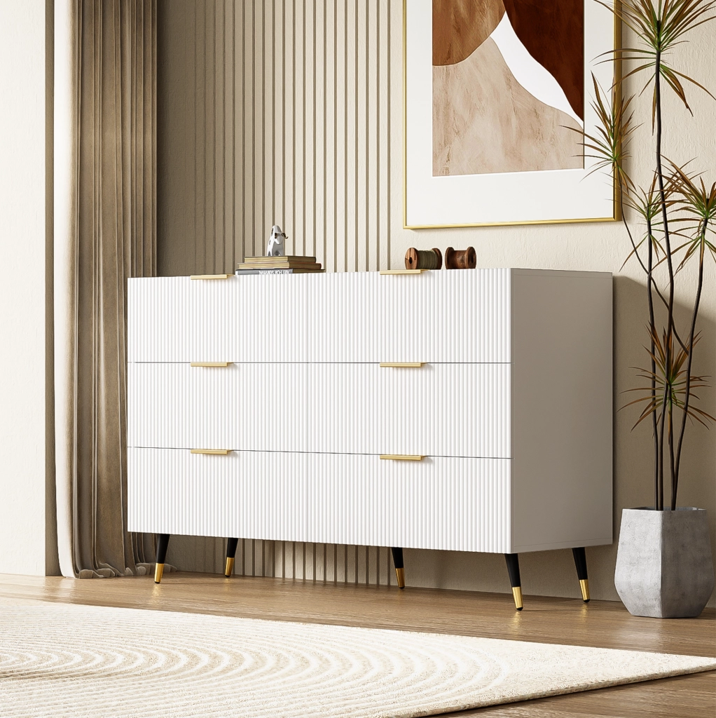 Credenza 120x77x40 cm con 6 cassetti; pannello truciolare bianco e oro