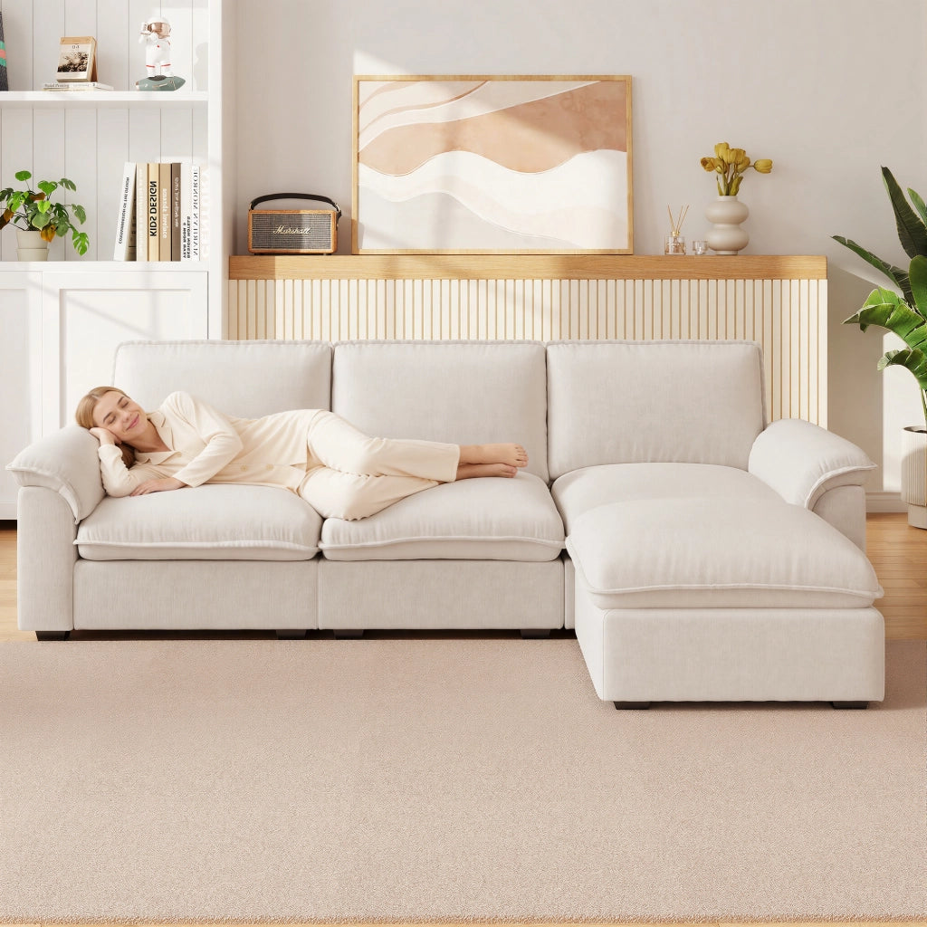 Divano angolare modulare 4 posti con ottomana configurabile cuscini di supporto design ergonomico in chenille beige