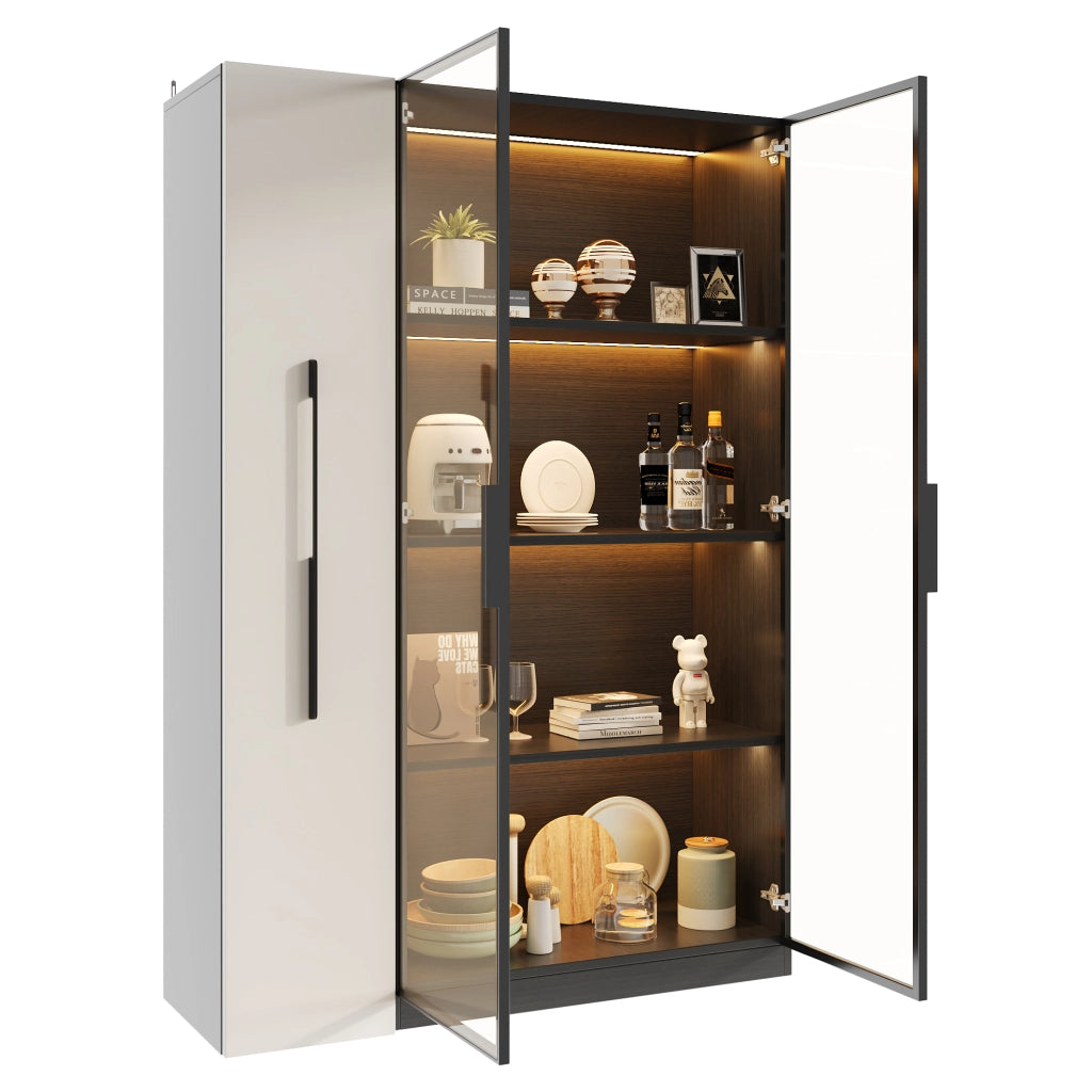 Vetrina in vetro LED 110,5x35x160 cm, design nero e bianco, con estraibile laterale e vani contenitivi