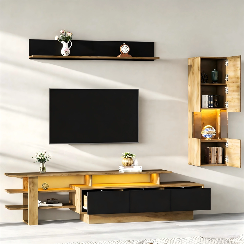 TV Wohnwand Set 3-teilig con illuminazione LED - Zephmum - TV fino a 80", 1 armadio, 1 vetrina, 1 scaffale sospeso, colore nero e legno naturale