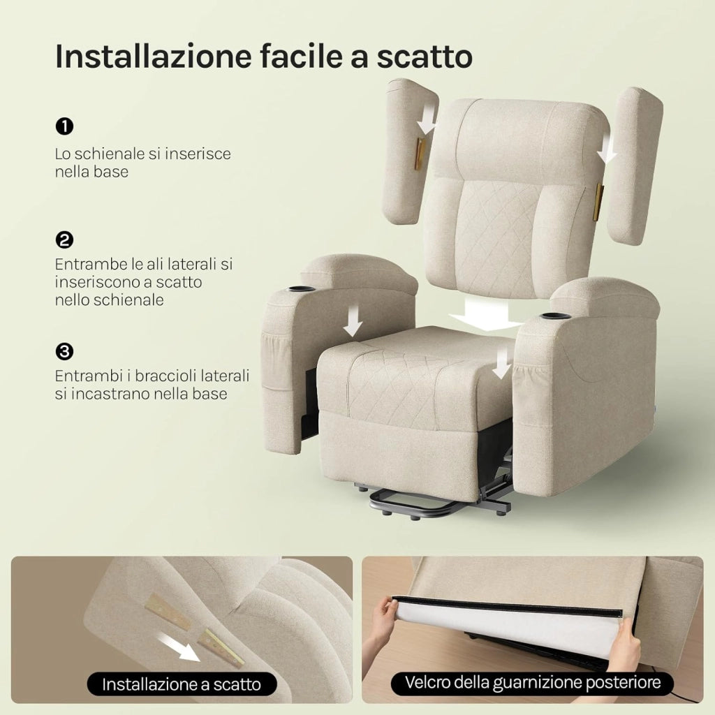 Poltrona Elettrica Reclinabile, Sedia Massaggiante con Alzapersone, Riscaldamento, Poggiapiedi, Tasche Laterali, Porta USB, Portabicchieri, per Soggiorno, Tessuto Spugna, Beige, SKS61be