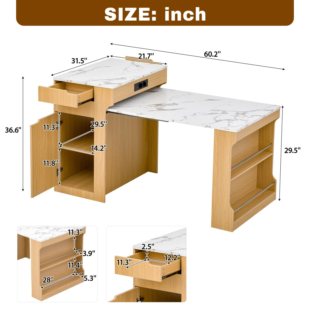 Tavolo da pranzo allungabile con 2 cassetti e vani; prese integrate - per cucina - 55×80×93 cm - naturale