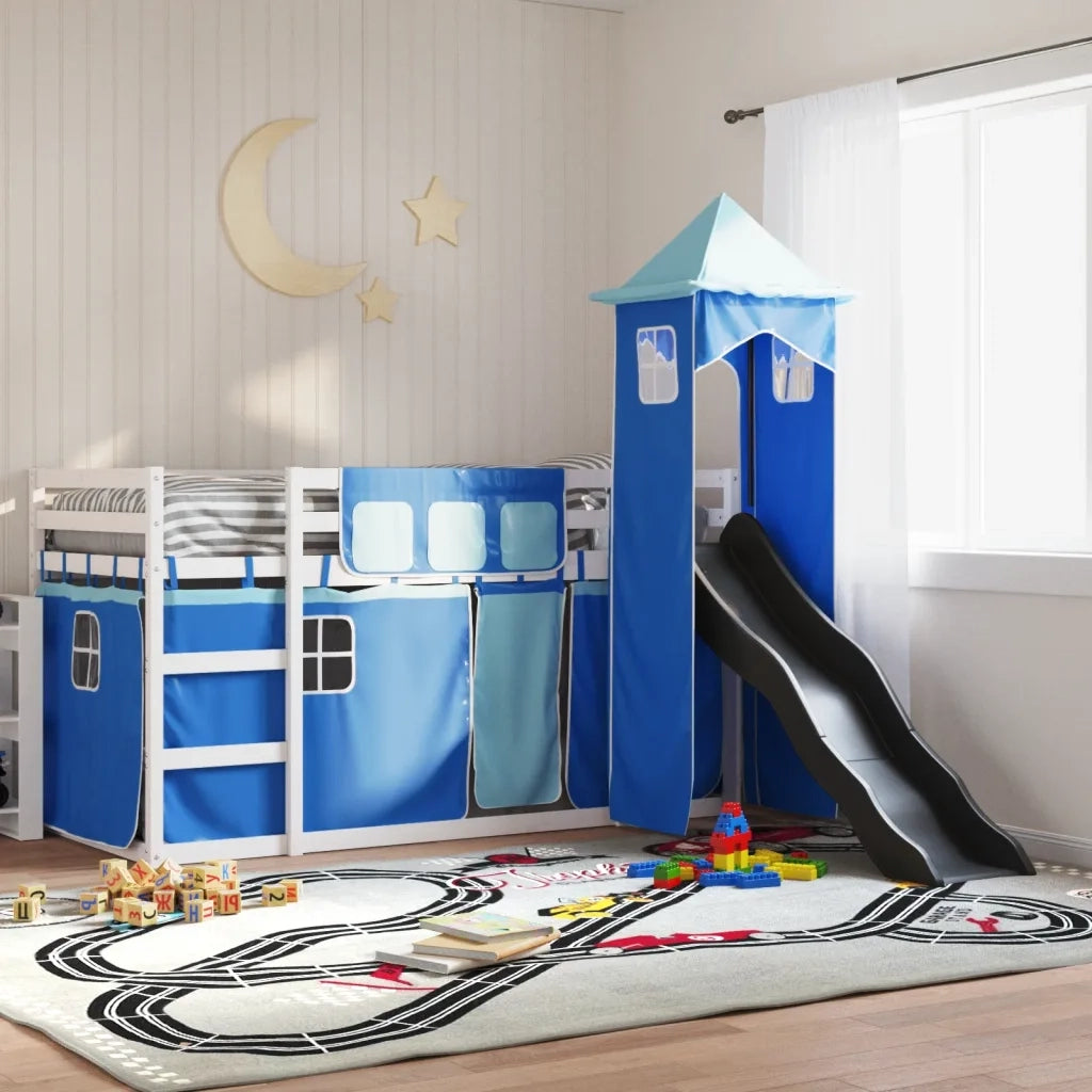 vidaXL Letto a Castello con Scivolo e Tende Blu 90x200 cm