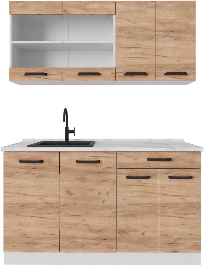Cucina monoblocco R-Line, Quercia dorata, 140 cm PL Marmo, adatto a spazi piccoli, espandibile in modo modulare