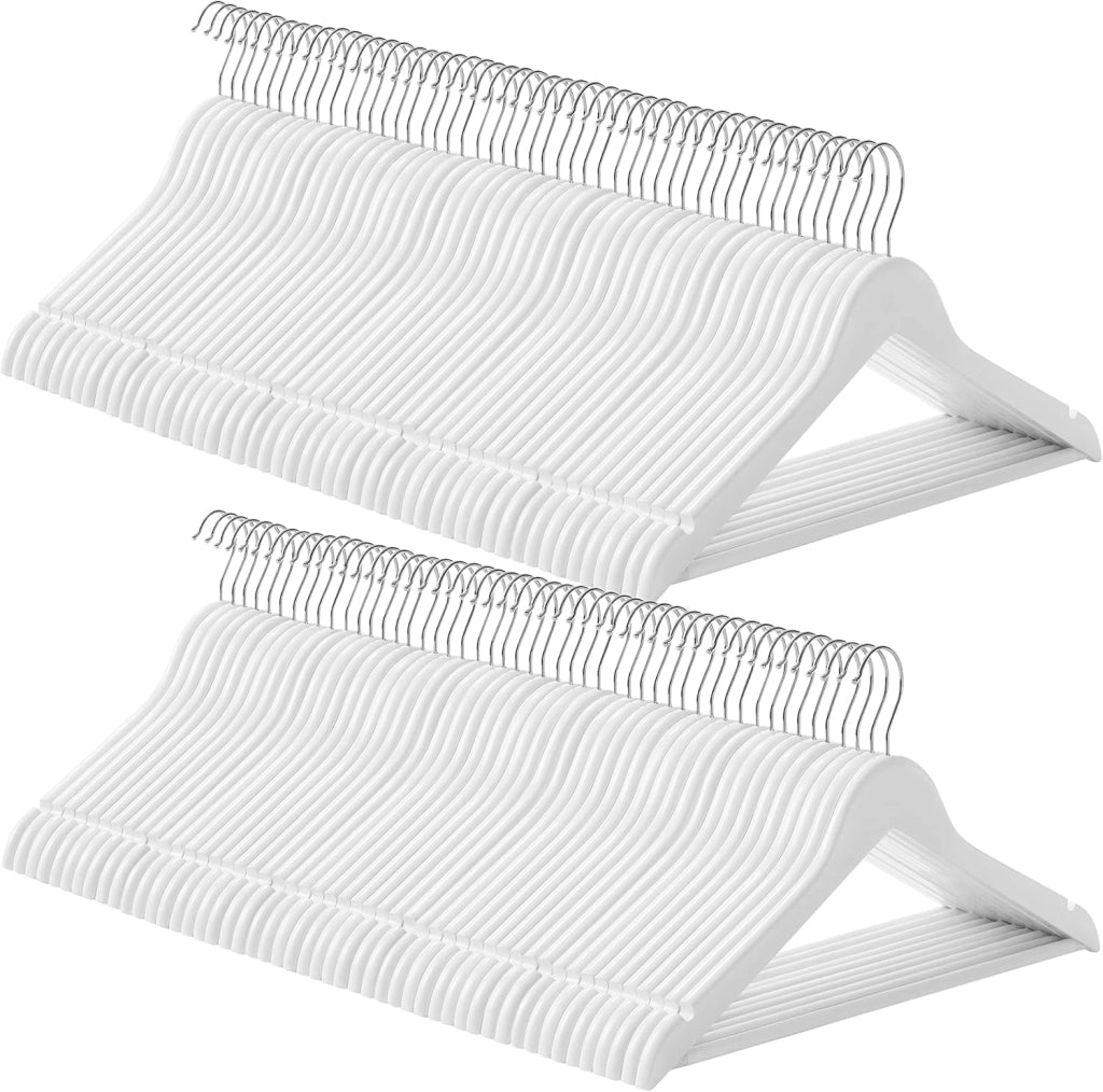 SONGMICS Appendiabiti in legno, 100 pezzi, con tacche antiscivolo, barra antiscivolo per pantaloni, gancio girevole a 360°, per abiti, camicie, cappotti, bianco CRW03W-100