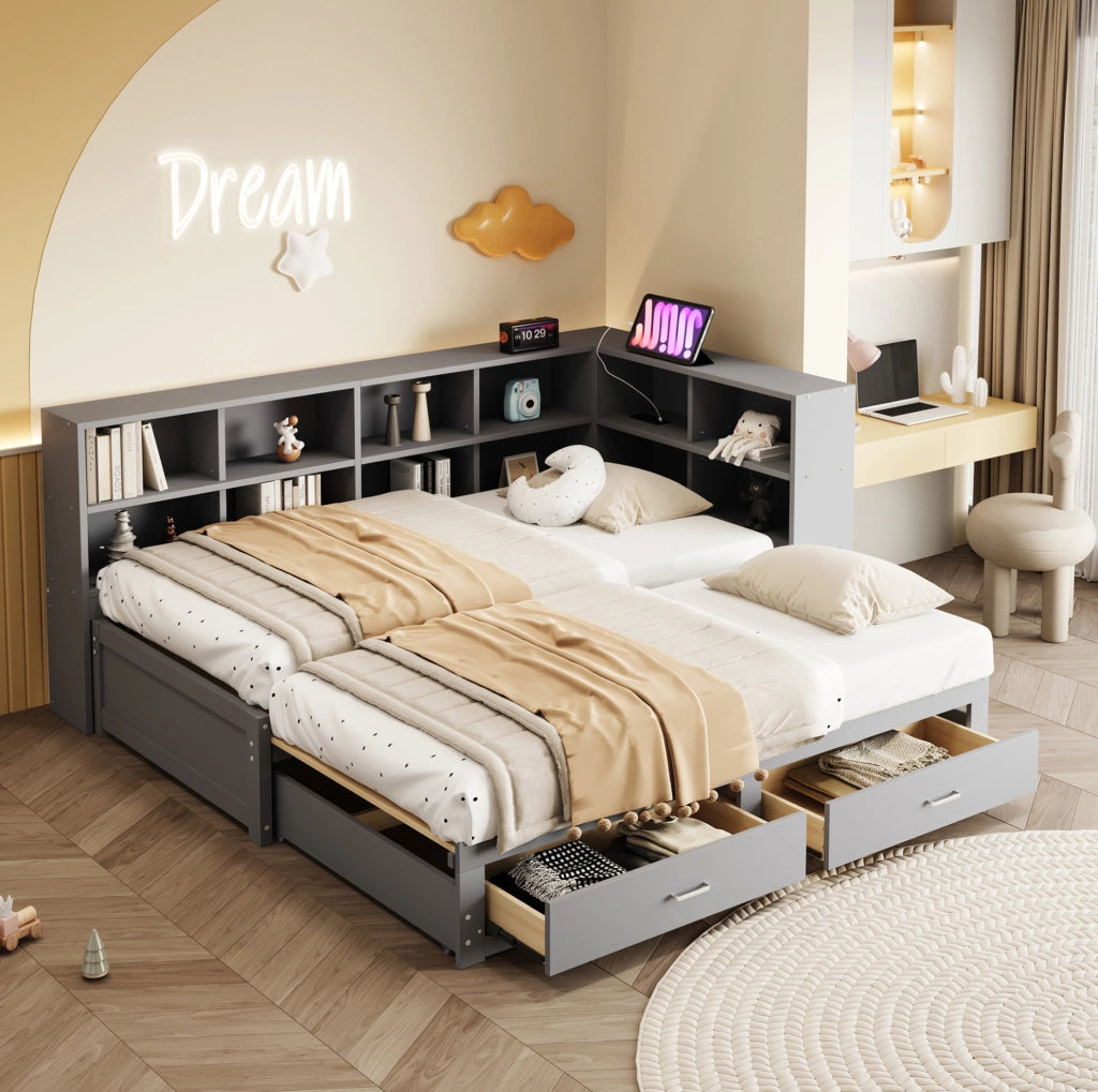Letto multifunzione 90/180x190 cm con contenitore; prese multifunzione e cassetti in legno grigio
