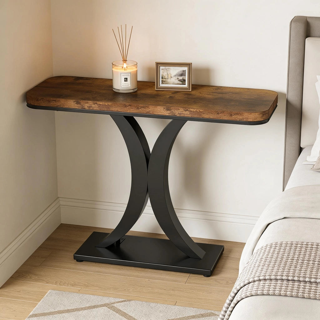 Consolle con piano effetto legno e base in metallo, stile industriale, per ingresso e soggiorno, 100 × 29,5 cm