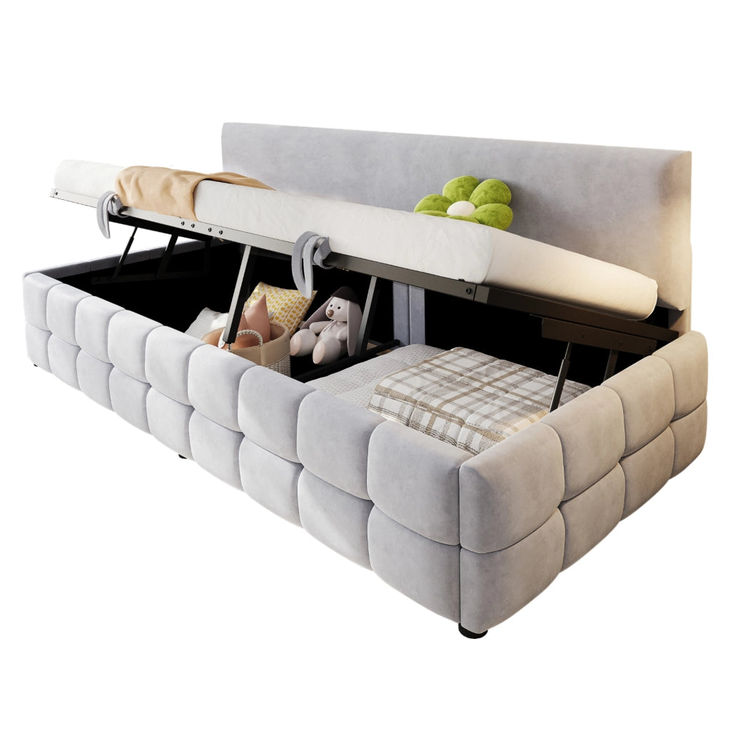 Letto singolo imbottito 90x200 cm con contenitore idraulico; schienale e rivestimento in velluto grigio chiaro