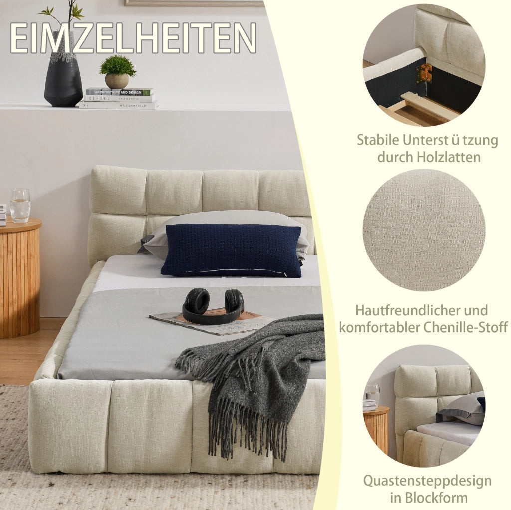 Letto singolo imbottito in ciniglia beige 90x200 cm