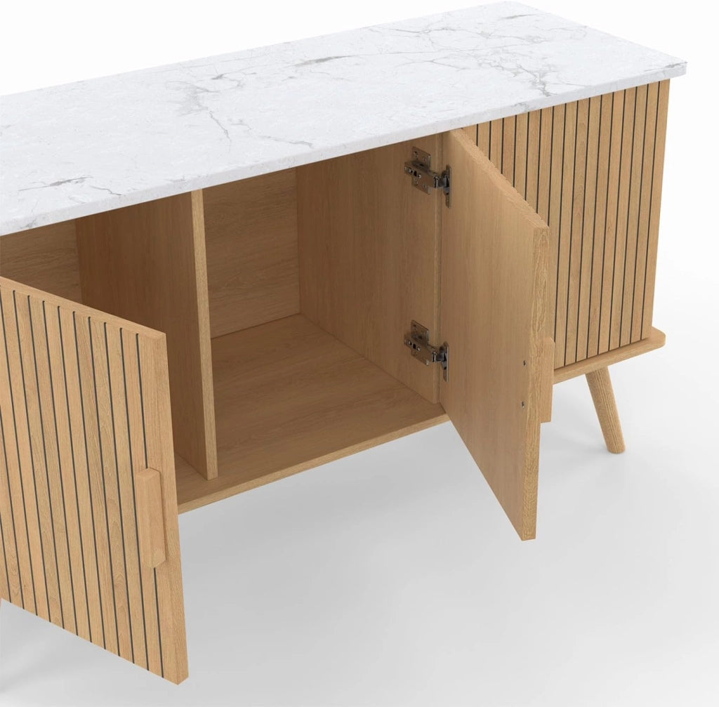 Credenza JULIETTE 110 cm, piano effetto marmo, 3 ante a doghe, doghe in legno color rovere