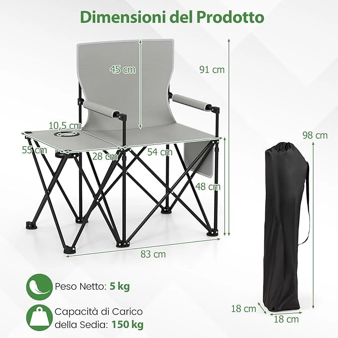 Sedia da Campeggio con Tavolino Laterale, Sedia da Picnic Pieghevole con 2 Tasche, Portabicchieri, Braccioli Imbottiti, Borsa da Trasporto, Portata 150 kg (Grigio)