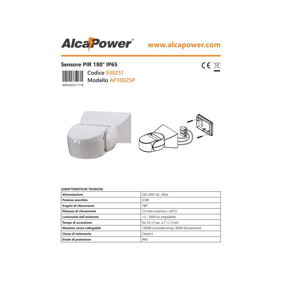 Alca power sensore fotocellula da parete pir 180° ip65