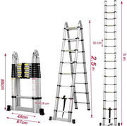 Scaldaia Telescopica con Angolo - Scala Telescopica con Angolo - Possibilità di Aumentare la Larghezza - 5.0 m di Altezza di Lavoro - Alluminio