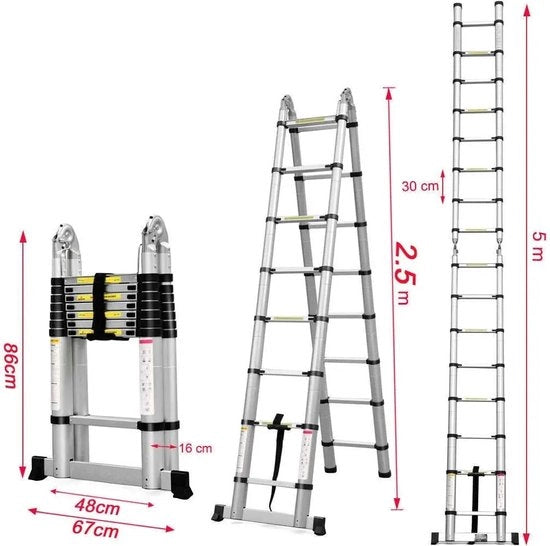 Scaldaia Telescopica con Angolo - Scala Telescopica con Angolo - Possibilità di Aumentare la Larghezza - 5.0 m di Altezza di Lavoro - Alluminio