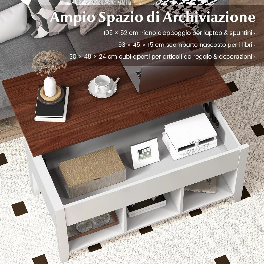 Tavolino da Caffè di Legno con Superficie Sollevabile, Tavolino Rettangolare da Divano con 3 Mensole Aperte, Mobile Multifunzionale per Salone e Ufficio, 104,5 x 49 x 62,5 cm (Bianco)