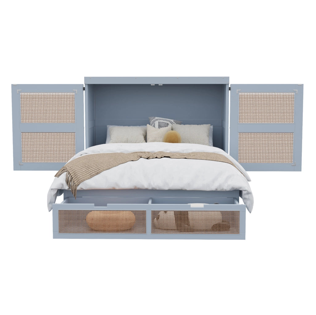 Letto a scomparsa verticale 140x200 cm grigio con ante in rattan e cassetti
