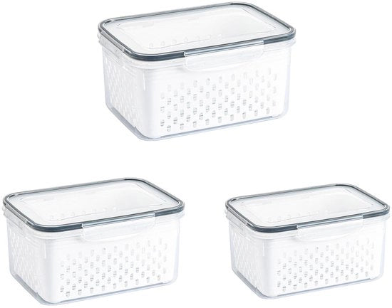 Set di organizzatori per frigorifero, contenitori alimentari con coperchio e setaccio, 3 set 850ML + 1750ML + 3300ML, organizzatore per frigorifero per il contenimento di frutta e verdura, insalata, frutta a grappolo.