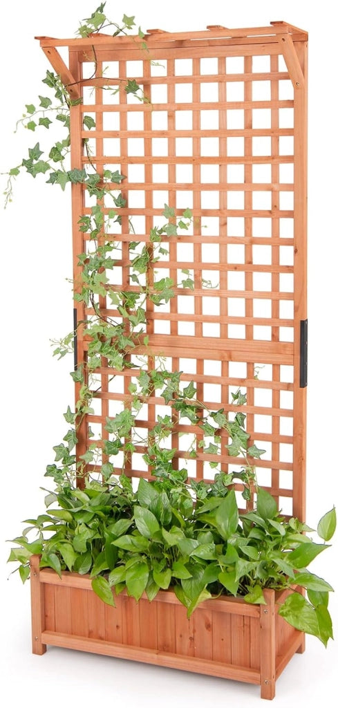 Fioriera da Esterno con Grigliato e Tettuccio, Letto Rialzato in Legno con Fori di Scarico, Aiuola Rialzata con Spalliera per Piante Rampicanti Viti e Fiori, 75 x 33 x 182,5 CM