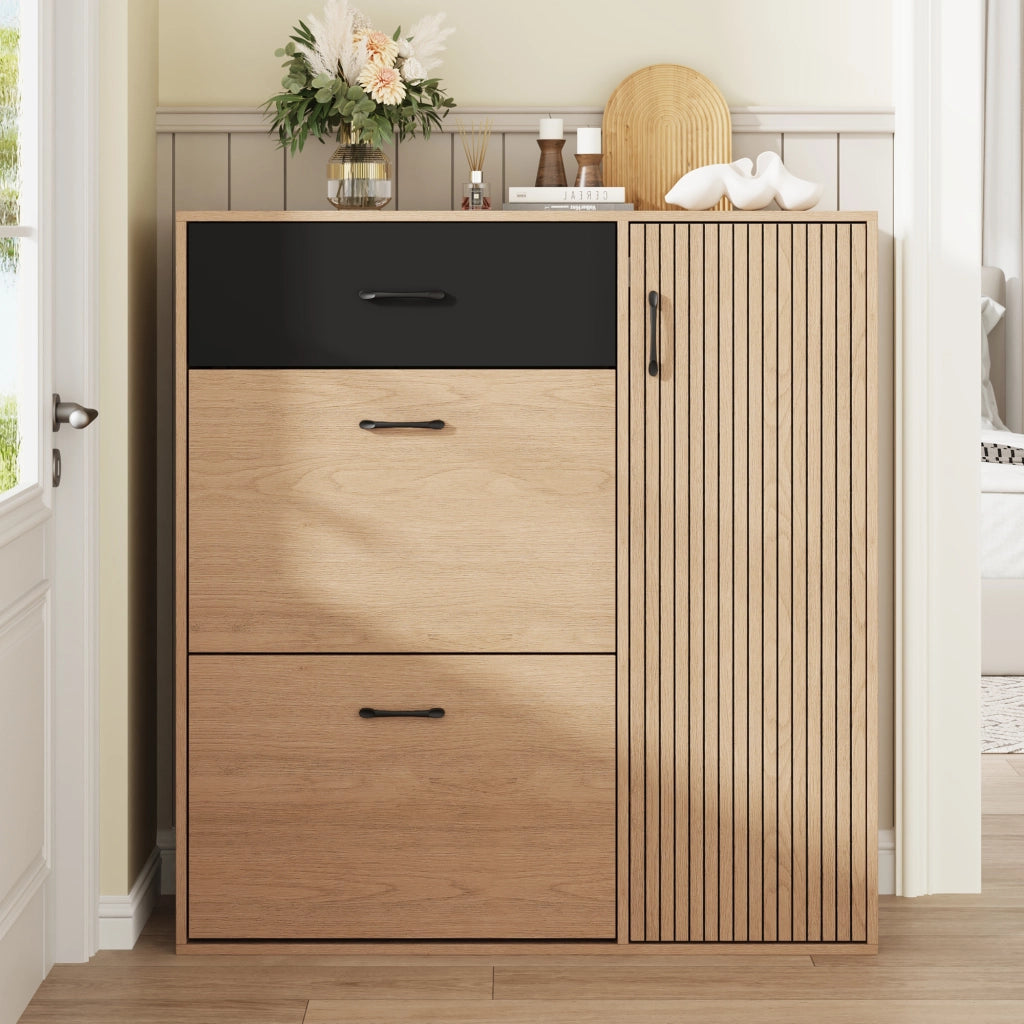Scarpiera con 1 cassetto e 2 vani ribaltabili - per ingresso - in MDF e truciolare - 100×35×106 cm - noce e nero