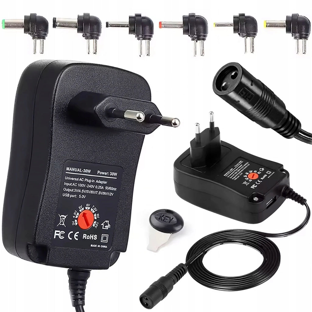 Alimentatore Universale DC 30W – Regolabile 3–12V, 1.2A | 6 Connettori Elbow, USB | Compatto, Certificato CE, FCC, RoHS