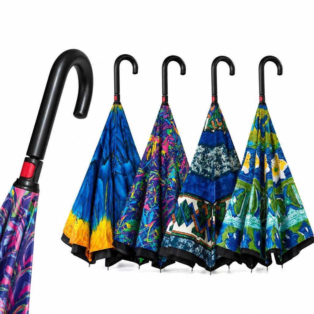 Kit 3 Ombrelli Grandi Apertura Inversa Antivento Doppio Telo Antigoccia 122 cm Decorati