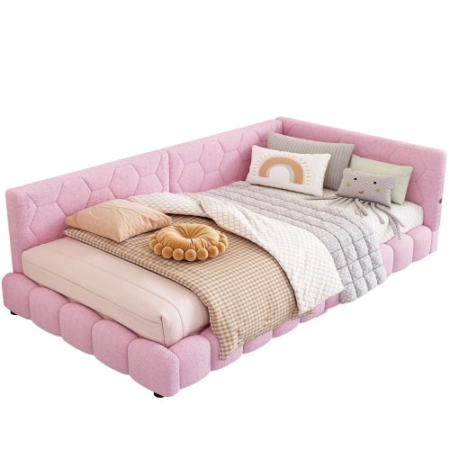 Letto con testiera led e rete a doghe ¨C Minimal ¨C rosa tessuto 90x200cm con porta USB e Type-C