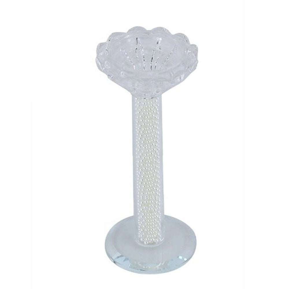 Trade Shop - Porta Candela Vetro Perle Candeliere Idea Regalo Bomboniera Cristallo 14x5.8 Cm -