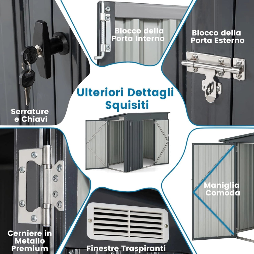 Capanni da Esterno, Casetta Porta Attrezzi da Giardino con 2 Porte, Design a Tetto Inclinato e Struttura in Metallo Galvanizzato, Armadietto per Attrezzi da Giardino