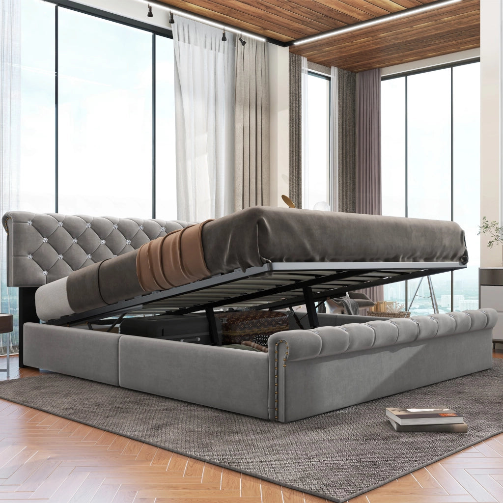 Letto imbottito 160x200 cm in velluto grigio con contenitore e testiera regolabile