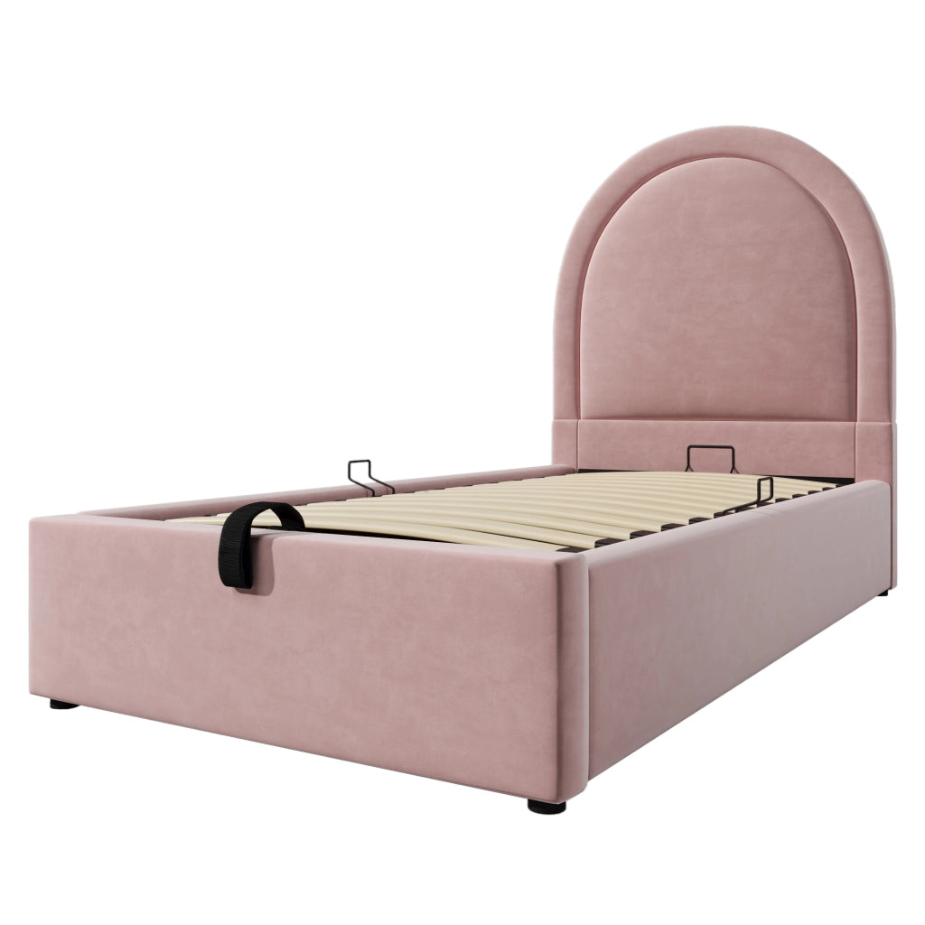 Letto imbottito singolo 90x200 cm rosa in velluto con contenitore e materasso ortopedico H3