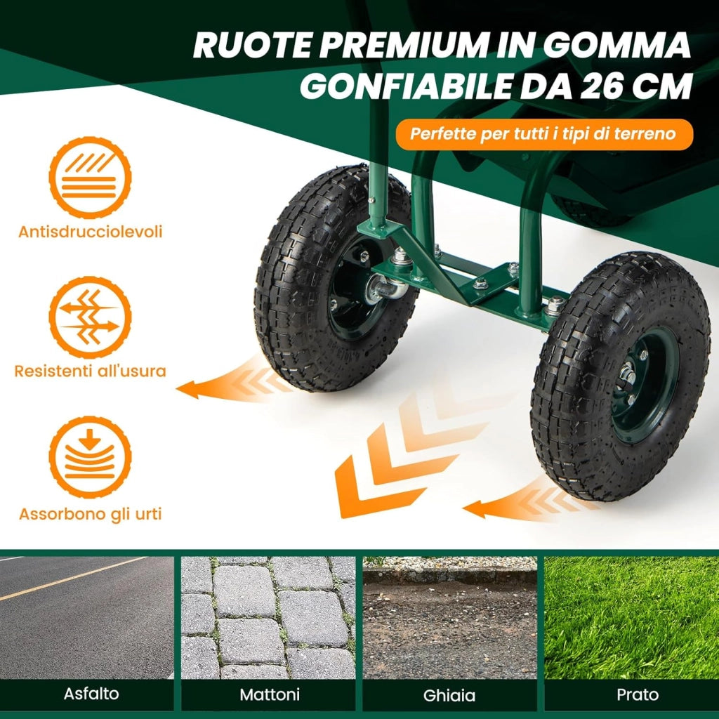 Sgabello per Giardinaggio con Ruote, Carrello da Giardino Regolabile in Altezza con Sedile Girevole a 360, Cuscino, 2 Maniglie di Sterzo e Vassoio Porta Utensili