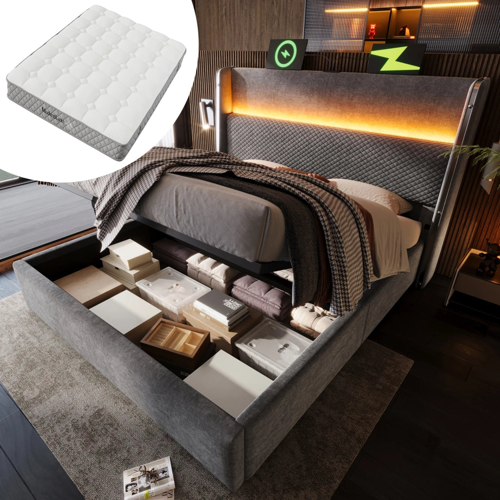 OKWISH Letto contenitore 160×200 cm, Letto Matrimoniale con LED Regolabile, USB, Tipo C e Testiera Alta, con Materasso, in Lino, Grigio