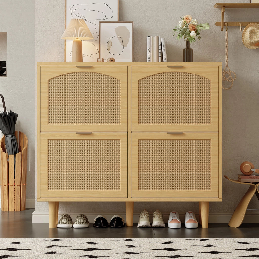 Scarpiera con 4 ante a ribalta in rattan e effetto rovere, per ingresso, con maniglie in legno, 100 × 25 × 90 cm