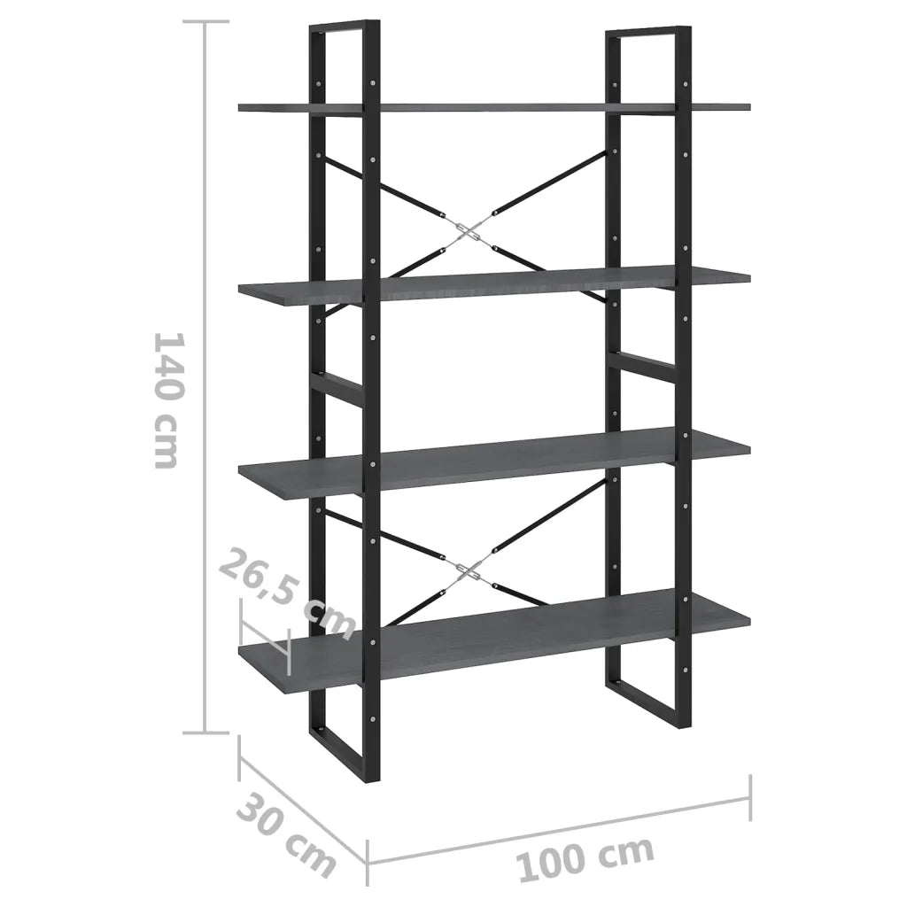 Libreria a 4 Ripiani-Scaffale per Libri-Mobile di Stoccaggio Grigia 100x30x140 cm in Massello di Pino