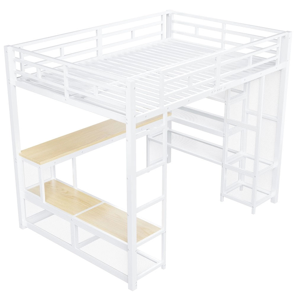 Letto a Soppalco con Contenitore e Armadio ¨C MINIMAL ¨C Metallo Bianco 140x200 LED USB