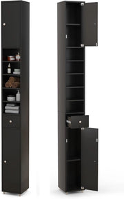 Armadio da Bagno Sottile e Alto con Ante, Mobiletto Bagno Salvaspazio Cassetto e Ripiani Regolabili, Design Moderno, 20 x 20 x 180 cm, 4 Colori